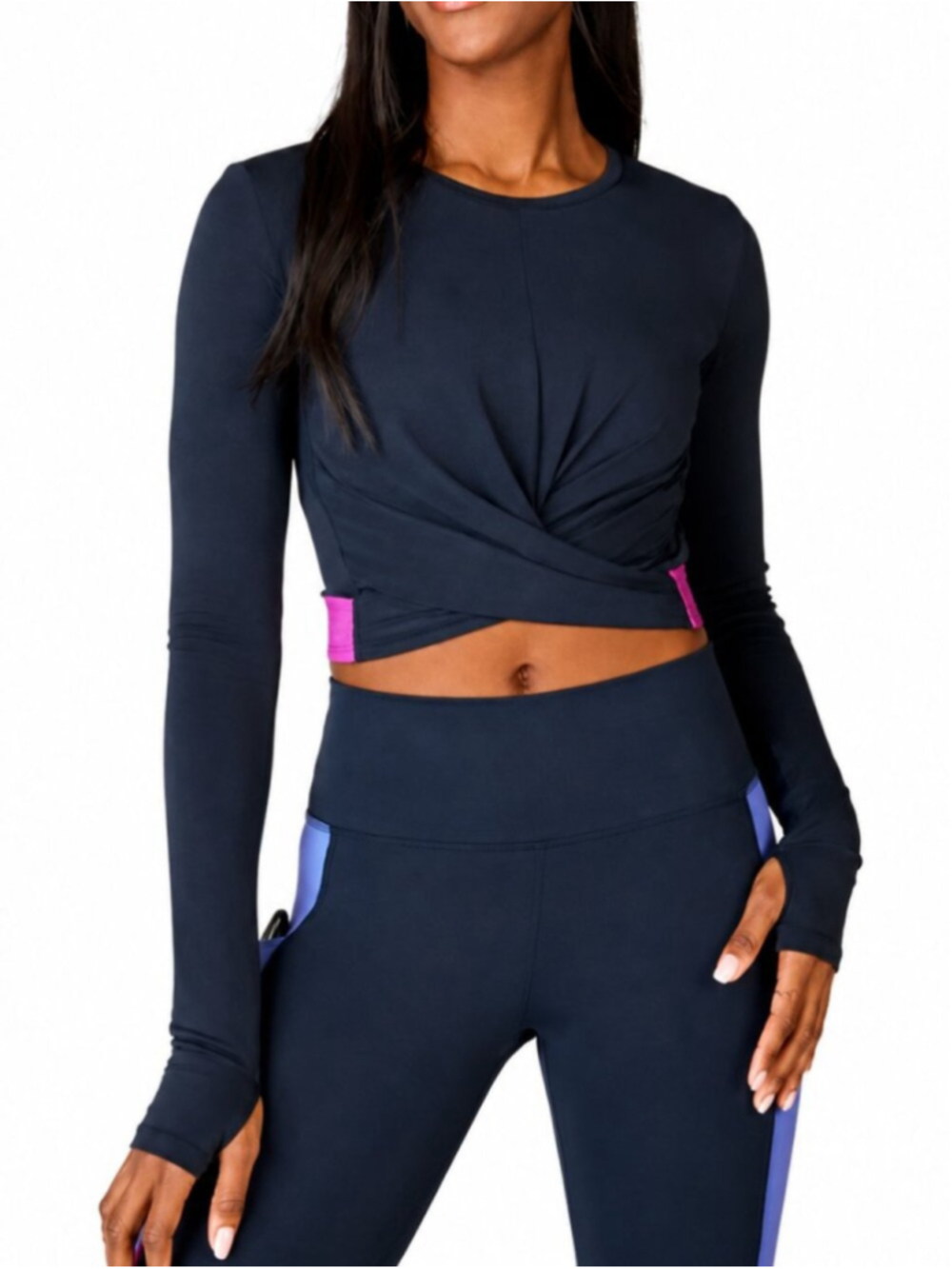 FABLETICS Pia Front Twisted Crop Top Navy Fuchsia Small Long Sleeve Gym Stretch